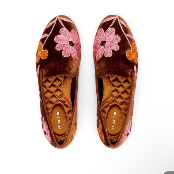 Birdies Shoes - Birdies The Sterling Embroidered Floral Brown Slippers